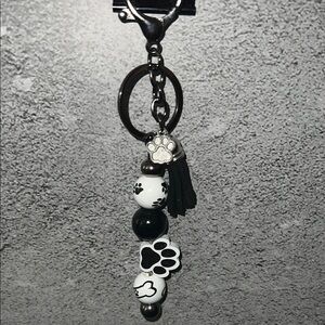 Paw Print Keychain with Tassel - Black and White